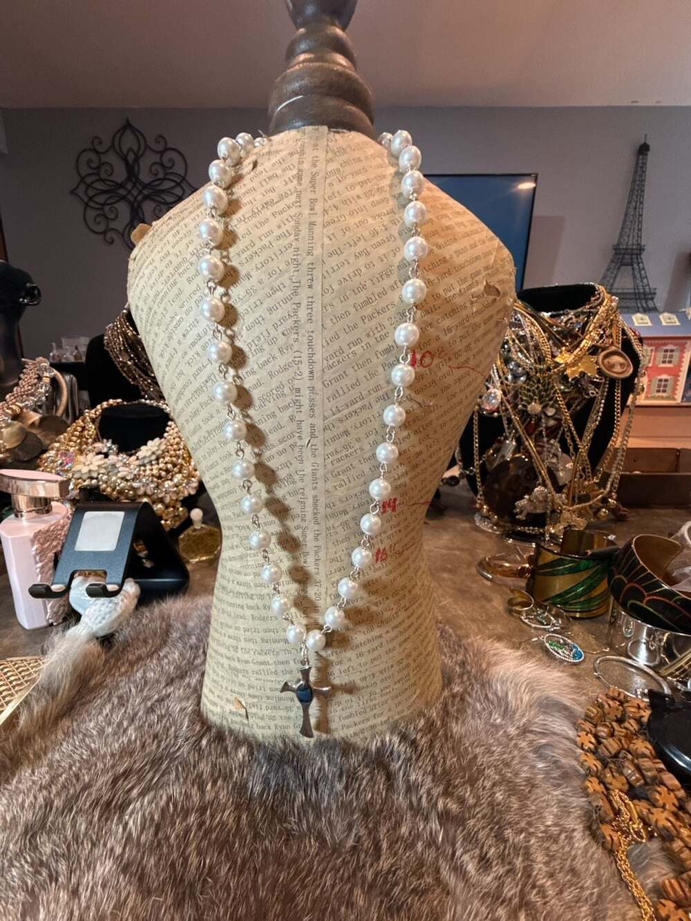 Glass Faux Pearl Necklace With Abalone Stone Cross Pendant
